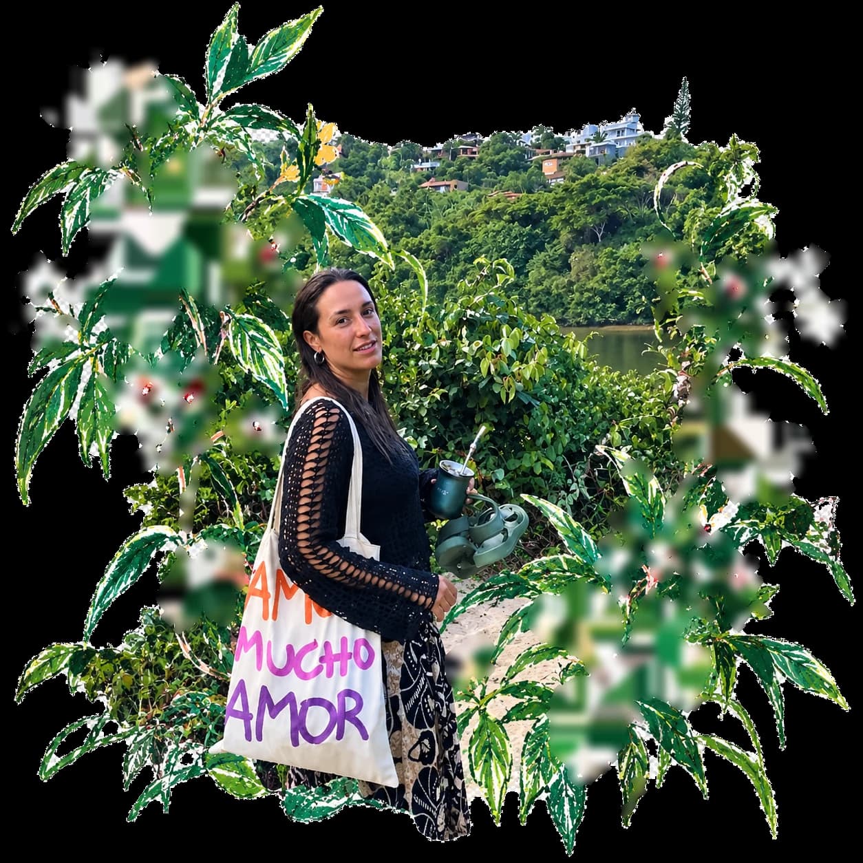 Martina Lanzi by a lake, holding a mate and wearing a tote bag that reads “Mucho amor”, framed by hand-drawn hibiscus and yellow flowers