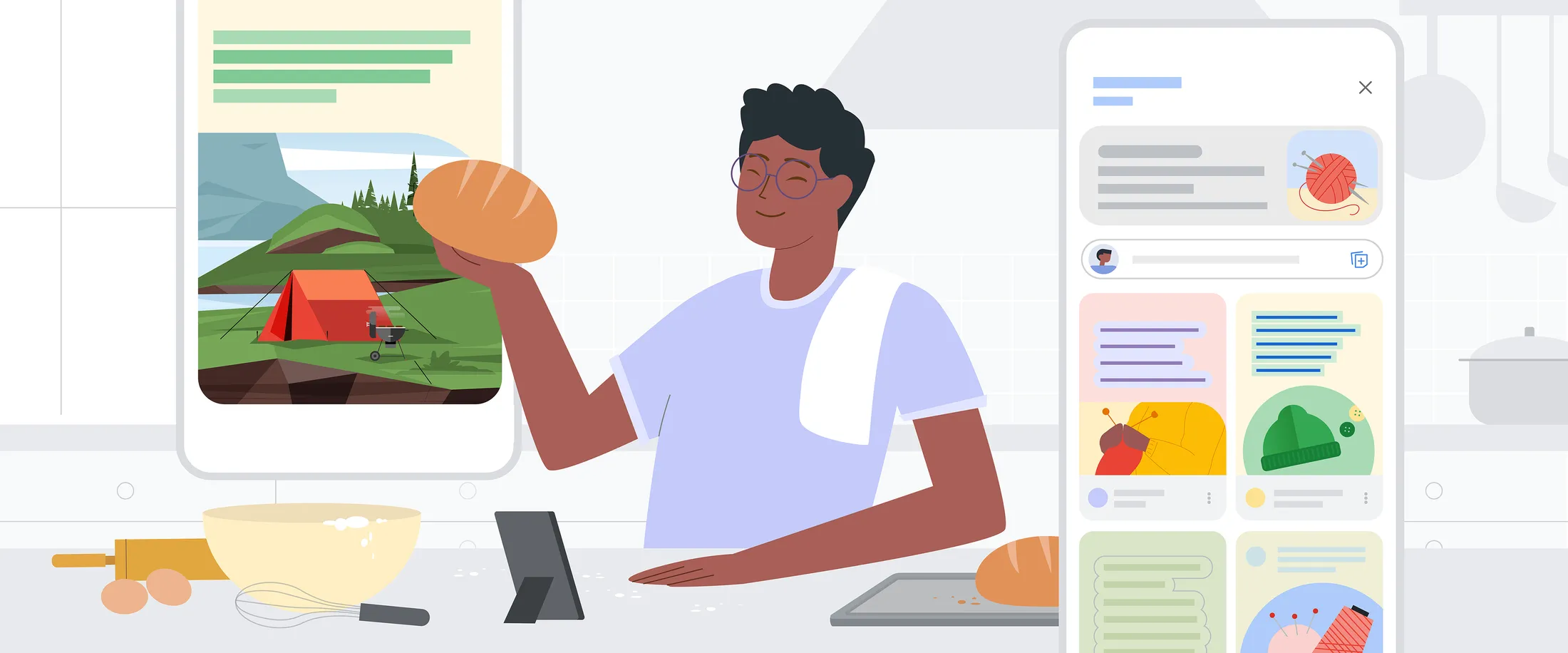 An illustration of a person holding a loaf of bread, surrounded by phone screens showing a camping article and a grid of colourful, themed notes