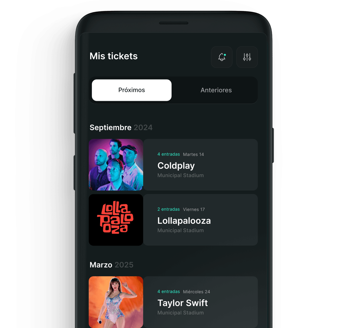 Mis tickets: upcoming events grouped by month, each showing the number of tickets, date and venue