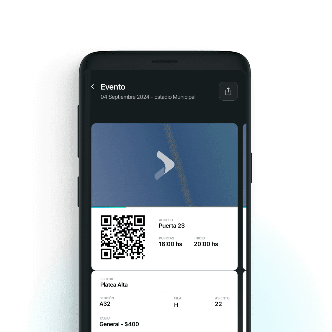 A ticket in the app: QR code with access gate, door time, start time, sector, row and seat