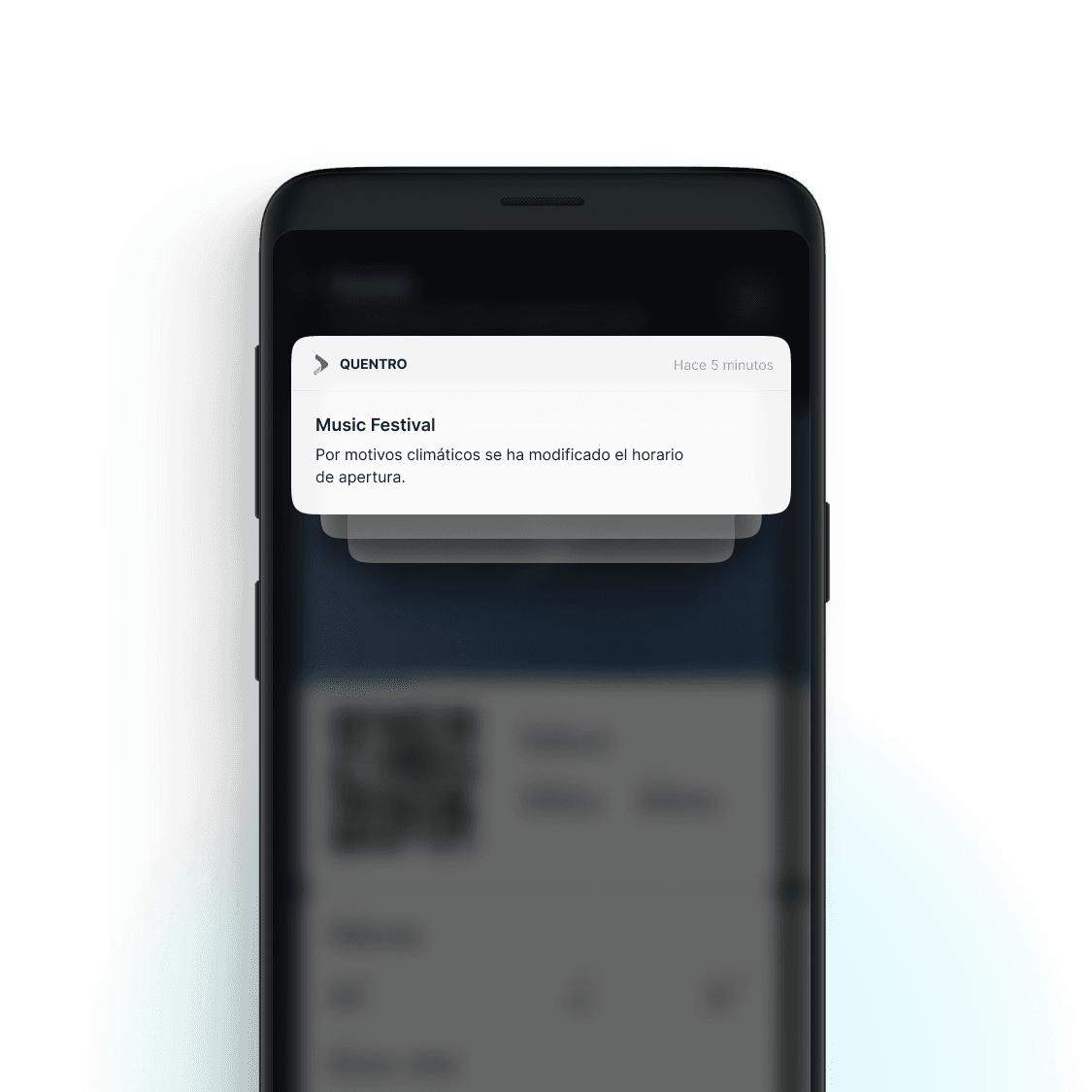A Quentro notification telling the user that the opening time of a music festival has changed