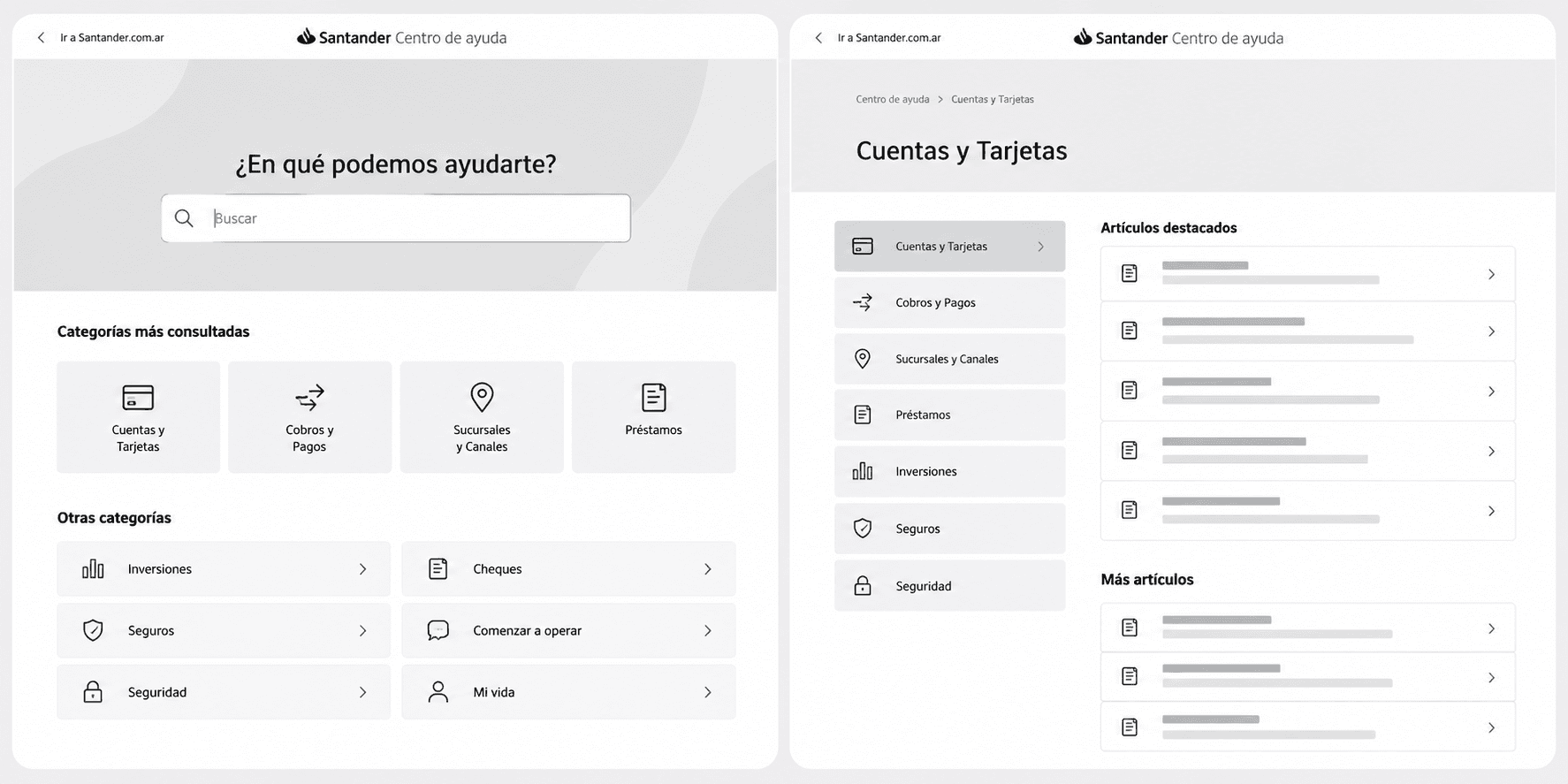 Two grayscale wireframes of the Help Center: the home with a search bar, most-consulted categories and other categories; and a category page for Cuentas y Tarjetas with a side menu, featured articles and more articles